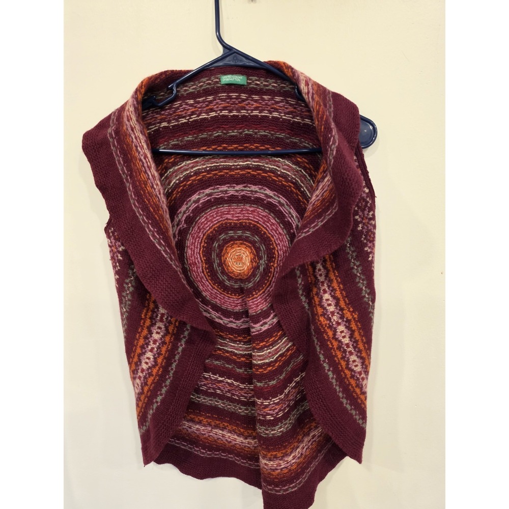 United Colors of Benetton Fair Isle Sweater Vest Shawl Collar‎ Wool Blend Boho